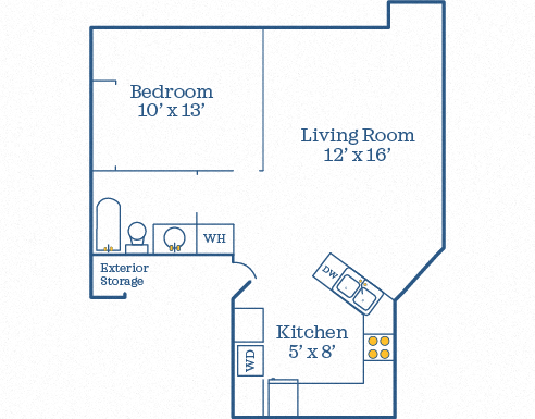 Floor plan for 1 bed, 1 bath, 595 sqft